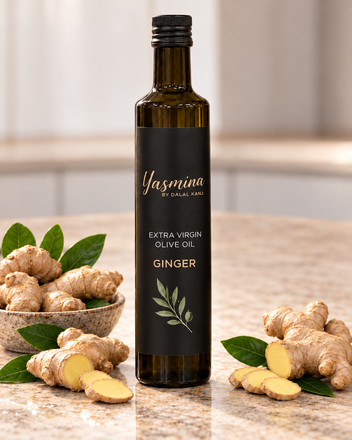 Yasmina by Dalal Kanj certified organic extra virgin olive oil with ginger, dark glass bottle surrounded by fresh ginger root and olive branch